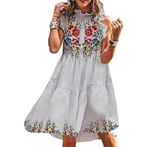 Fashion Dress Floral Print Loose Women Sleeveless Ruffle Knee-length Streetwear for Party Black S—3XL Womens Clothing Summer