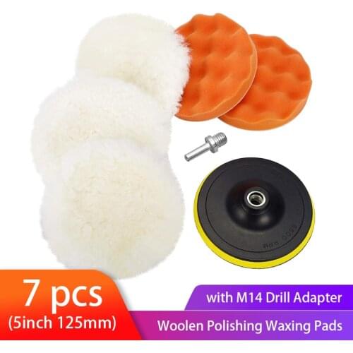 7pcs Wool Buffing Polishing Pad Set Woolen and Wave Sponge Pad for Polishing Waxing with M14 Drill Adapter