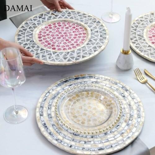 Natural Shell Wood Plates Set Golden Beads Decorative Glass Steak Pasta Plate Serving Tray Dinner Decoration Kitchen Tableware