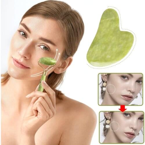 Jade Stone Facial Massage Roller For Face Neck Natural Massager Green Guasha Scraper Set Thin Lift Slimming Tools Roller Beauty