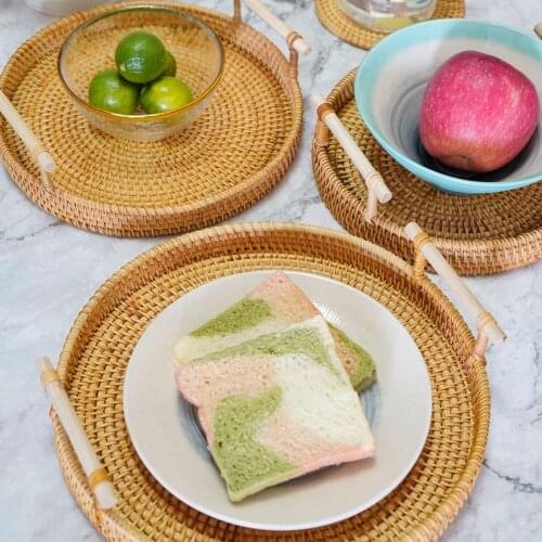 Woven Rattan Round Tray Fruit Food Storage Platters Plate for Drink Snack Picnic Basket Portable Storage Baskets Display Desktop