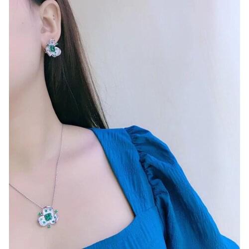 Cute romantic flower stud earring and pendant jewelry set cubic zircon 925 sterling silver fine women jewelry free shipping