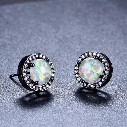 Bamos Blue/White Fire Opal Round Stud Earrings Black Gold Filled Cubic Zirconia Wedding Earrings For Women Jewelry Best Gift