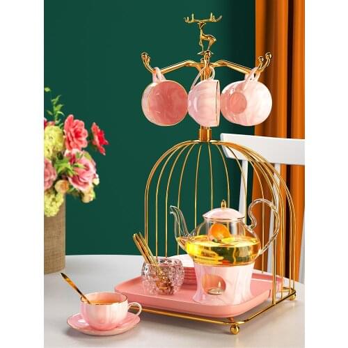 Nordic Pink Marble Ceramic Tea set British Flower Fruit Tea Utensil With Candle Base Cup Tray Birdcage Holder Gift Box