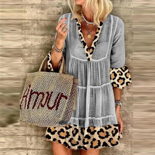Vintage Leopard Print Women Dress Elegant V-Neck 3/4 Sleeve Bohemian Sundress 2021 Autumm Fashion Casual Ladies Party Dresses