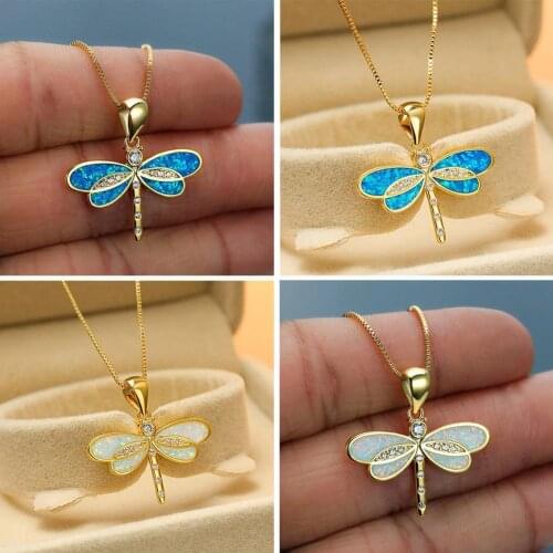 2021 White Blue Dragonfly Pendants Collar For Women Fashion Fire Opal Necklaces Boho Female Jewelry Choker Accessories