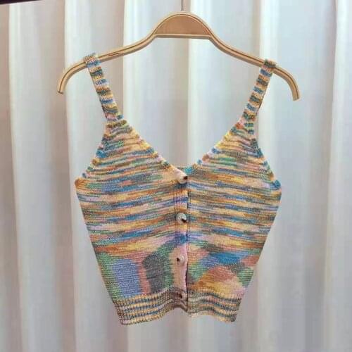 Colorful Striped Knitted Camis Tops Women Spaghetti Strap Buttons Single Breasted Cropped Tops Knitwear Sleevelss Vintage