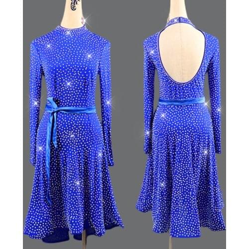 Sparkling Latin Dance Dress Women Full Rhinestone Dress Blue Cha Cha/Rumba/Tango Dress Ladies Latin Competition Dresses VD400