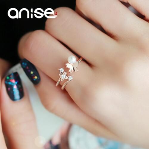 Anise Cute Crystal Butterfly Small Rings Women Fashion Simulated Pearl Finger Ring Rose Gold Open Adjustable Tail Ring Jewelry