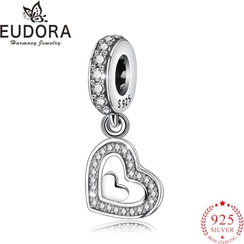 Eudora Genuine 925 Sterling Silver Sweet Heart Charms Pendant fit Women Necklaces Bracelets Luxury Zircon Beads Jewelry Making