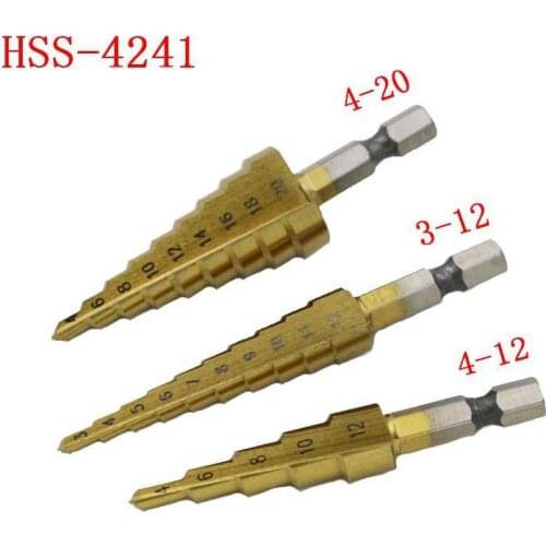 3Pcs 3-12/4-12/4-20mm HSS Straight Groove Step Cone Drill Bit Hole Cutter Core Hex Shank Step Titanium Coated Metal Drill Bit