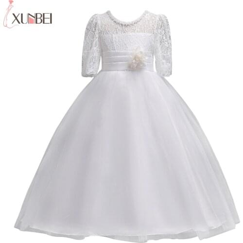 4-15 Autumn Half Sleeve Lace Flower Girls Dresses Girl Pearls Elegant Dresses With Flower Sash Tulle Princess Christmas Clothing