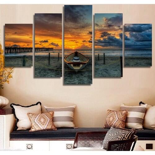 5 Panel Seascape And Boat With HD Large Print Canvas Painting For Living Room Home Decoration Unique Gift Wall Picture ny-4117