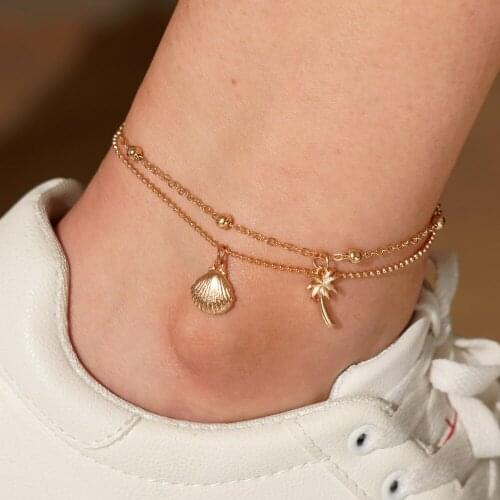 Bohemia Golden Multilayer Chain Coconut Tree Shell Anklets for Women Summer Beach Foot Jewelry Boho Anklet Bracelet on Leg