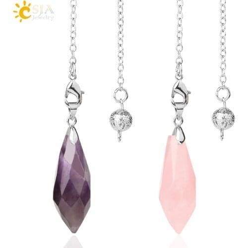 CSJA Natural Crystal Stone Pendulum for Dowsing Divination Multifaceted Water Drop Pink Quartz Obsidian Reiki Point Pendule G618