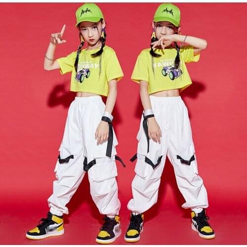 Jazz Dance Costume Girls Hip Hop Clothing Short Sleeves White Pants Loose Street Dance Practice Outfit Performance Wear BL6768