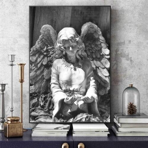 Black And White Angel Statue Canvas Wall Art Posters And Prints Angel Wings Sculpture Picture On Wall Painting For Living Room