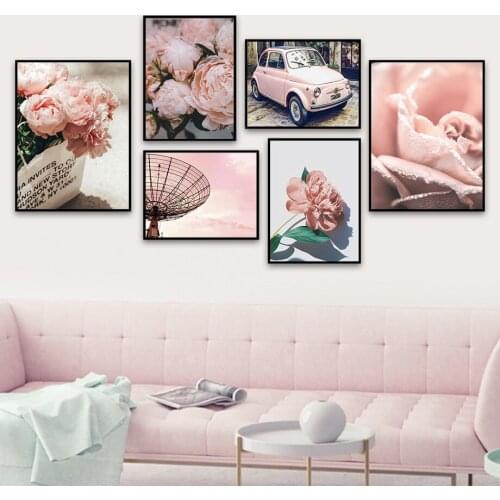 Pink Flower Peony Ferris Wheel Car Door Wall Art Canvas Painting Nordic Posters And Prints Wall Pictures For Living Room Decor