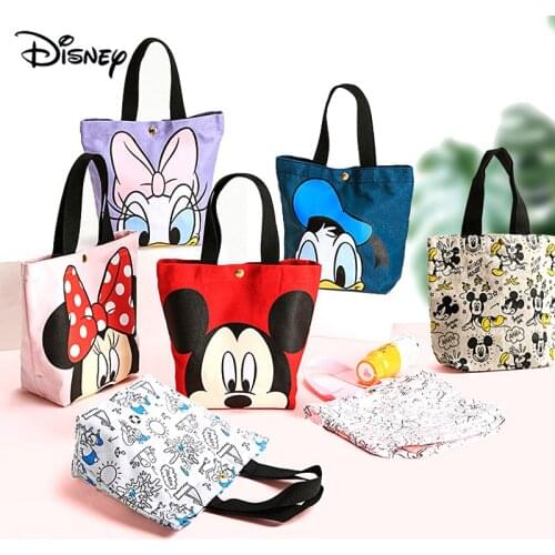 Disney Original Lunch Box Carry Bag Mickey Minnie Donald Duck Anime Printing Canvas Bag Student Cartoon Food Makeup Picnic Bag