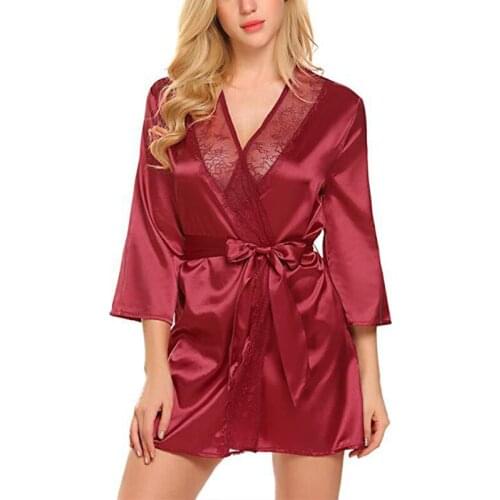 Sexy Nightgown Lingerie Fashion Lace Patchwork Nightdress Women Silk Kimono Lingerie Belt Bath Robe Nightwear Sleepwear Chemises
