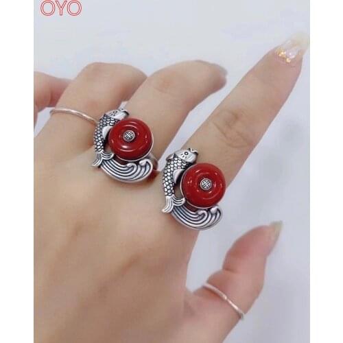 Real S990 Pure Silver South Red Fairy Fish Female Ring Retro Matte Trend Index Finger Ring
