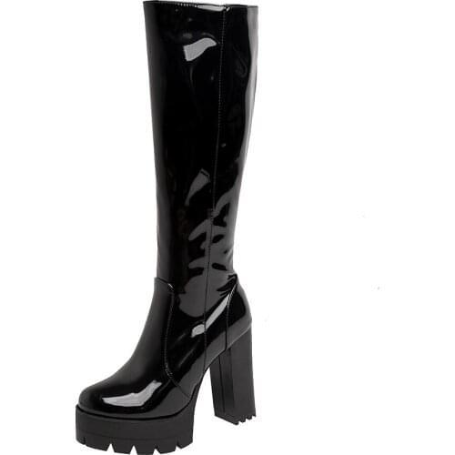 2020 New Super High Heel Waterproof Platform Knight Boots! Red High Block Heel Patent Leather Platform Knee Boots Short Plush