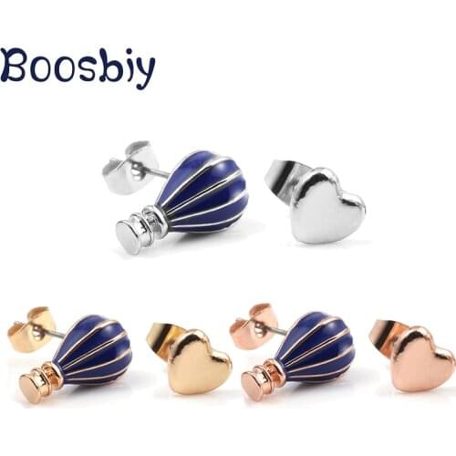 New Arrival Blue Enamel Hot Air Balloon & Heart Stud Earrings Fashion Brand Earrings For Women Simple Wedding Party Jewelry
