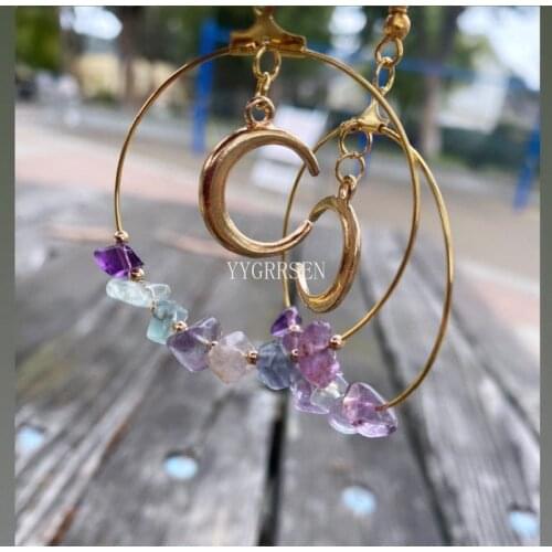 New Witch Bohemia Moon Rainbow Fluorite Hoop Earrings Dangle Jewelry Healing Halloween Statement Delicacy Jewelry Women Gift