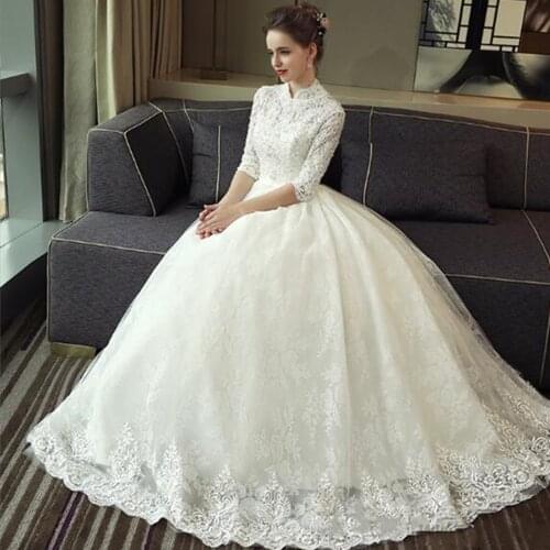 1960s Vintage High Neck Half Sleeve Ball Gown Appliques Lace Wedding Dress Floor Length Retro Bridal Gown Custom Size Plus