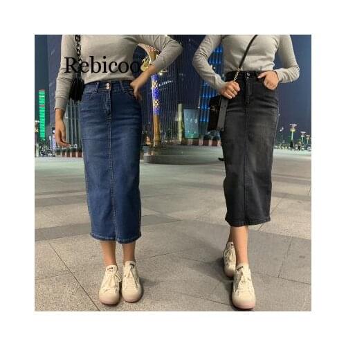 Autumn Women clothing elasticity midi Jeans Skirts Blue Girls High Waist calf-length Casual Denim Pencil skirt Female faldas