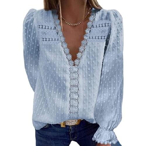 Women Elegant Blouse V Neck Long Sleeve Shirt Tops Trendy Solid Color Lace Blouse Blusas Elegantes Vetement Femme 2021