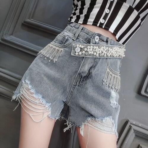Heavy Beaded Tassel Jeans Shorts Women Loose High Waist Hole Pants Pantalones Cortos De Mujer Womens Shorts