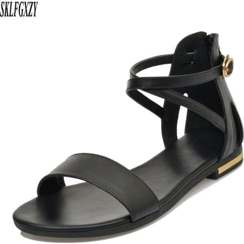 SKLFGXZY New ladies leather sandals 100% genuine cowhide with heels and back zipper.Women shoes comfort sandals sizes 32-46