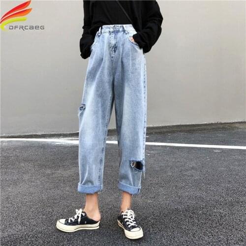 New 2020 Ripped Jeans For Women Blue Streetwear Fashion Women High Waist New Style Hole Loose Jeans Women Denim Wide Leg Pants