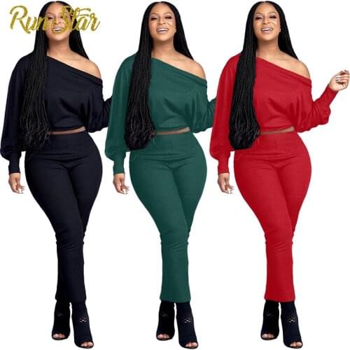 Womens Solid Color Strapless Spring Autumn Two-piece One-way Neck Long-sleeved Top And Trousers With Sexy Womens Suit 2021