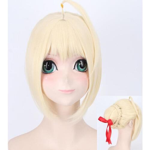 40cm Women Chignon Wig Cosplay Fate Stay Night Arturia Pendragon Saber Costume Arturia and Altria Heat Resistant Synthetic Hair