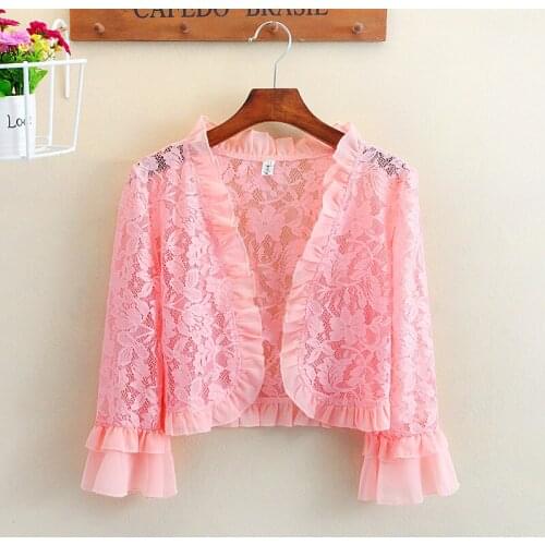 Womens Coat Short Lotus Leaf Sleeves Lace Openwork Shawl Coat Cardigan Fashion Ladies Summer Sun Protection Clothing 2020 A523