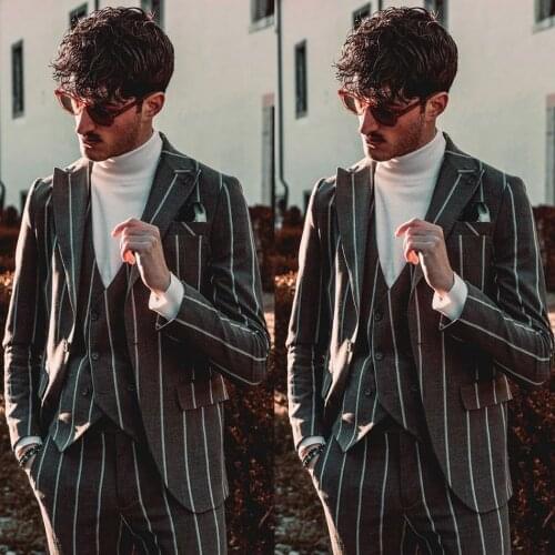 3 Piece Grey Striped Customized Wedding Tuxedos Slim Fit One Button Jacket Pants Suits Business Party Prom Blazer