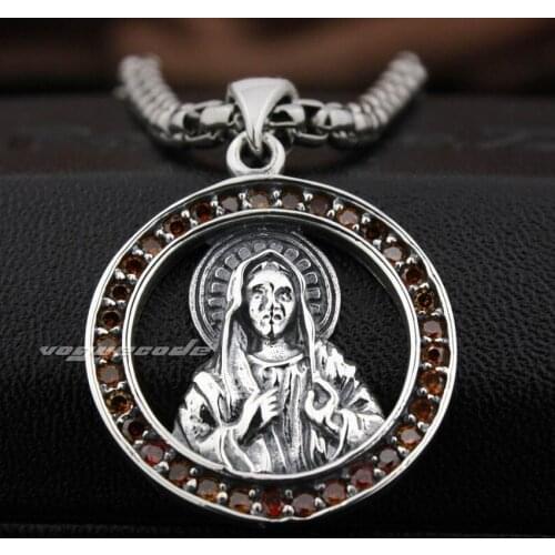 925 Sterling Silver Red CZ Surround Virgin Mary JESUS Charms Pendant 8N023