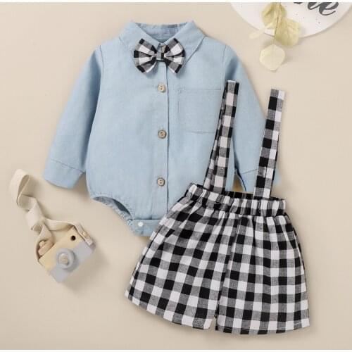 3-24M Baby Boys Gentleman Clothes Set Solid Color Long Sleeve Tie Romper + Plaid Suspender Shorts 2Pcs Casual Outfits