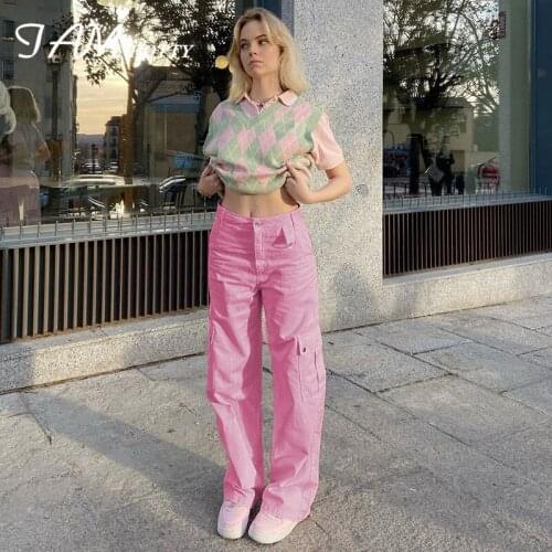 Y2K Pink Pockets Baggy Straight Jeans Women Aesthetic Casual Wide Leg Mom Denim Pants Capri Summer High Waist Bottom Iamhotty