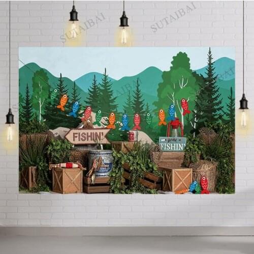 Gone Fishing Boy Girl Birthday Photography Background Fishing Gear Brown Board Child Portrait Cake Smash Backdrop Photo Studio