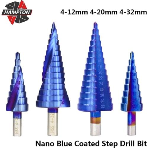 Hampton HSS 4-12/20/32mm Nano Blue Coated Pagoda Shape Hole Cutter Triangle Shank Step Drill Bit Power Tool Step Cone Drill