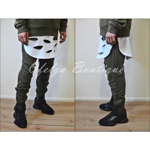 Low Crotch Cotton Disstressed Knee Pants / zipper hem for Men Slim-Fit Essential