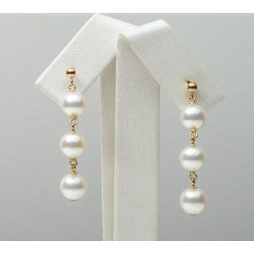 Classic White Cultured Akoya Pearl Triple Drop Earrings 18k Yellow Gold 7-7.5mm