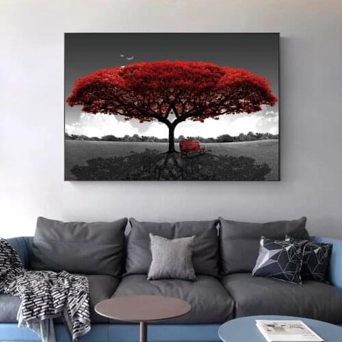 Red Life Tree Art Canvas Print Painting Black and White Landscape Wall Picture Living Room Modern Home Decoration Poster