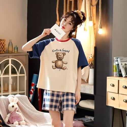 Summer New Plaid Style Pajama Set For Women 2021 Cotton Loose Leisure Short Sleeve Top Shorts Female Sleepwear Home Wear Clothes