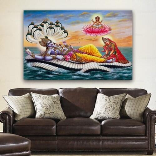 Lord vishnu on sea indian hindu god goddess living room home wall art decor wood frame fabric poster