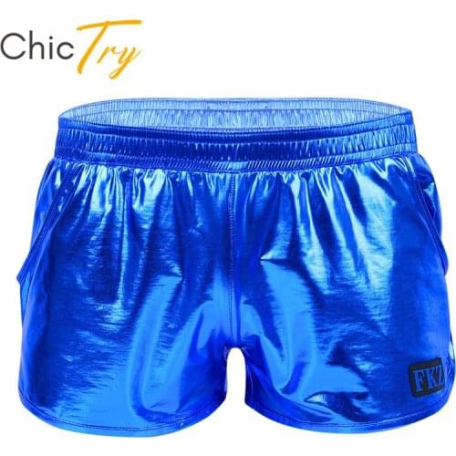 ChicTry Shiny Metallic Elastic Waistband Low Rise Nightclub Festival Rave Party Stage Performance Costume Men Pole Dance Shorts