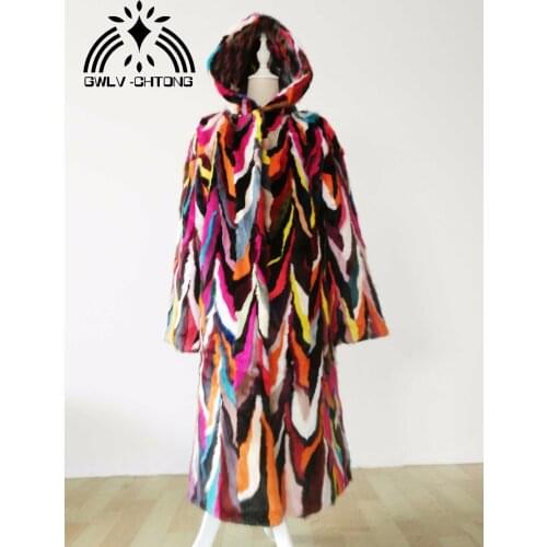 New genuine natural mink fur coat women x-long multi-color jacket ladies colorful outwear overcoat with hood custom any size